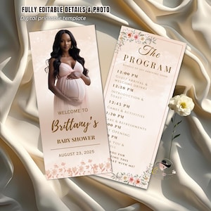 May include: Digital printable baby shower invitation and program. The invitation features a photo of a pregnant person in a pink dress. The program includes a schedule of events, with floral accents and the text "The Program".