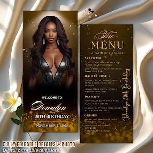 Black Gold Birthday Party Menu Template with photo Birthday Dinner Menu cards Printable Elegant Menu Design Editable Double Sided Event Menu