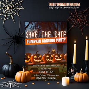 May include: A Halloween-themed invitation with the text "SAVE THE DATE PUMPKIN CARVING PARTY". The image features carved pumpkins, candles, and decorative spiderwebs. The date is October 28, 2025. The invitation is a digital printable template.