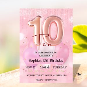 10. Geburtstagseinladungen für Mädchen, Pink Ten Geburtstag Party Karte einladen für 10-jährige Tochter, digital und druckbar, sofortiger Download