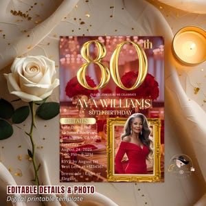Digital 80th Birthday Invitation with Photo 80th Birthday Dinner Invite for Women 80 and Fabulous Floral Party Red Gold Glam Luxury Template