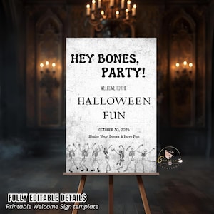 Letrero de bienvenida editable para fiesta de Halloween, divertido letrero de esqueleto para Halloween, imprimible, decoración de fiesta de huesos espeluznantes, letrero de entrada de calavera para Halloween.