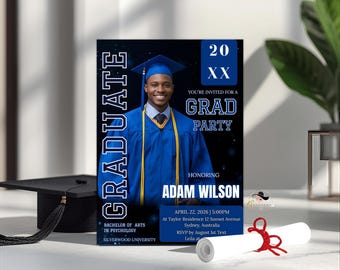 Boy Graduation Invitation with Photo, Class of 2026 High School College Grad Party Invite, Blue Canva Template