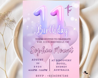 11th Birthday Card Invites - Eleven Birthday Invitation, Girl Party Invite, 11 Years Old, Pink Purple Theme, Digital Printable Download