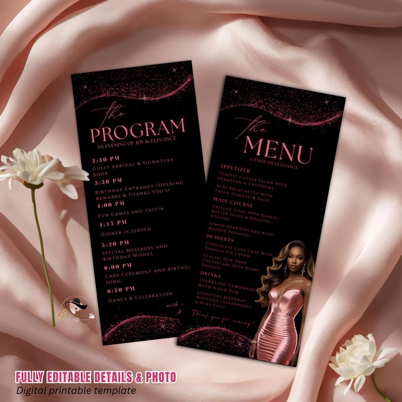 Editable Menu and Program Template Pink Black Birthday Dinner Menu ...