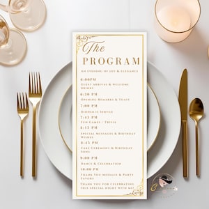 White Gold Program Card Template Birthday Dinner Party Program, Elegant ...