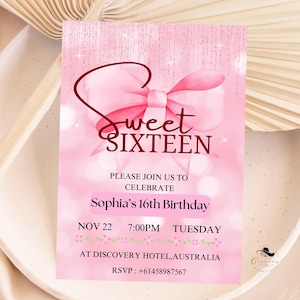 Sweet 16 Coquette Einladung, 16.Geburtstagskarte, Pink Digital Sixteen Birthday Party, Printable Invite für 16 Jahre altes Mädchen Tochter