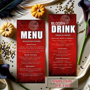 May include: Two red Halloween-themed menu cards with white text. One card says "MENU" and lists dinner courses. The other says "BLOODY DRINK" and lists mocktails and cocktails. The cards are decorated with bats and a full moon.