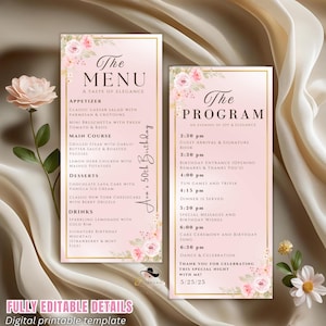Può includere: Due biglietti rosa, menu e programma, con decorazioni floreali per una festa di compleanno per i 50 anni. Il menu elenca antipasti, piatti principali, dessert e bevande. Il programma delinea il programma dell'evento.