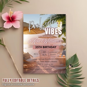 May include: A digital invitation with the text "Poolside Vibes" and details for Ava Williams' 35th birthday. The invitation includes the date, time, and location: Sunset Springs Resort, Malibu Shores. The design features a beach scene with palm trees and lounge chairs.