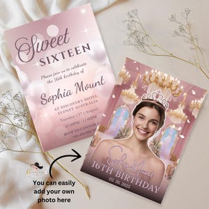 Faire-part pour 16 ans, modèle numérique Sweet 16 avec photo, fête de seize anniversaires, carte d'invitation imprimable en or rose pour fille de 16 ans