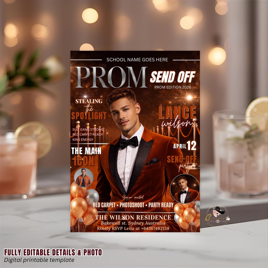 Boy Prom Send off Party Invitation, Prom King With Photo Invite, Orange ...