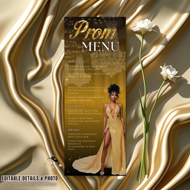 Prom Menu Italian Black Gold Prom Send off Menu With Photo, Prom Queen Menu Card, Girl ...