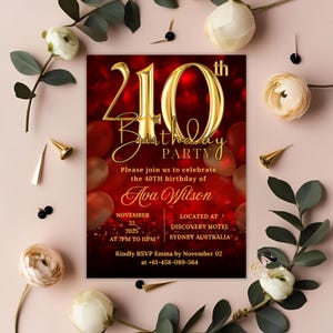 Digitale Einladung zum 40. Geburtstag für Sie Rotgold 40. Geburtstag Abendessen einladen, 40. Party Brunch Vorlage, 40 und fabelhafte druckbare Karte