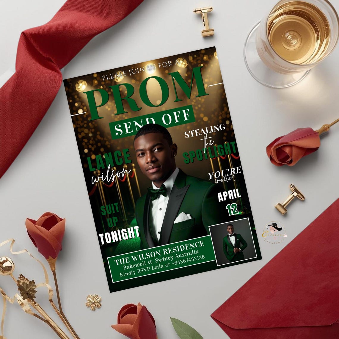 Green Prom Send off Invitation, Prom King Party With Photo Invite, Boys ...