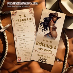 Op de afbeelding: Twee afdrukbare babyborreluitnodigingen met een western thema. Eén heeft een programma met evenementdetails. De andere toont een zwangere vrouw met een cowboyhoed, de tekst "Welcome to Brittany's Baby Shower" en de datum 23 augustus 2025.