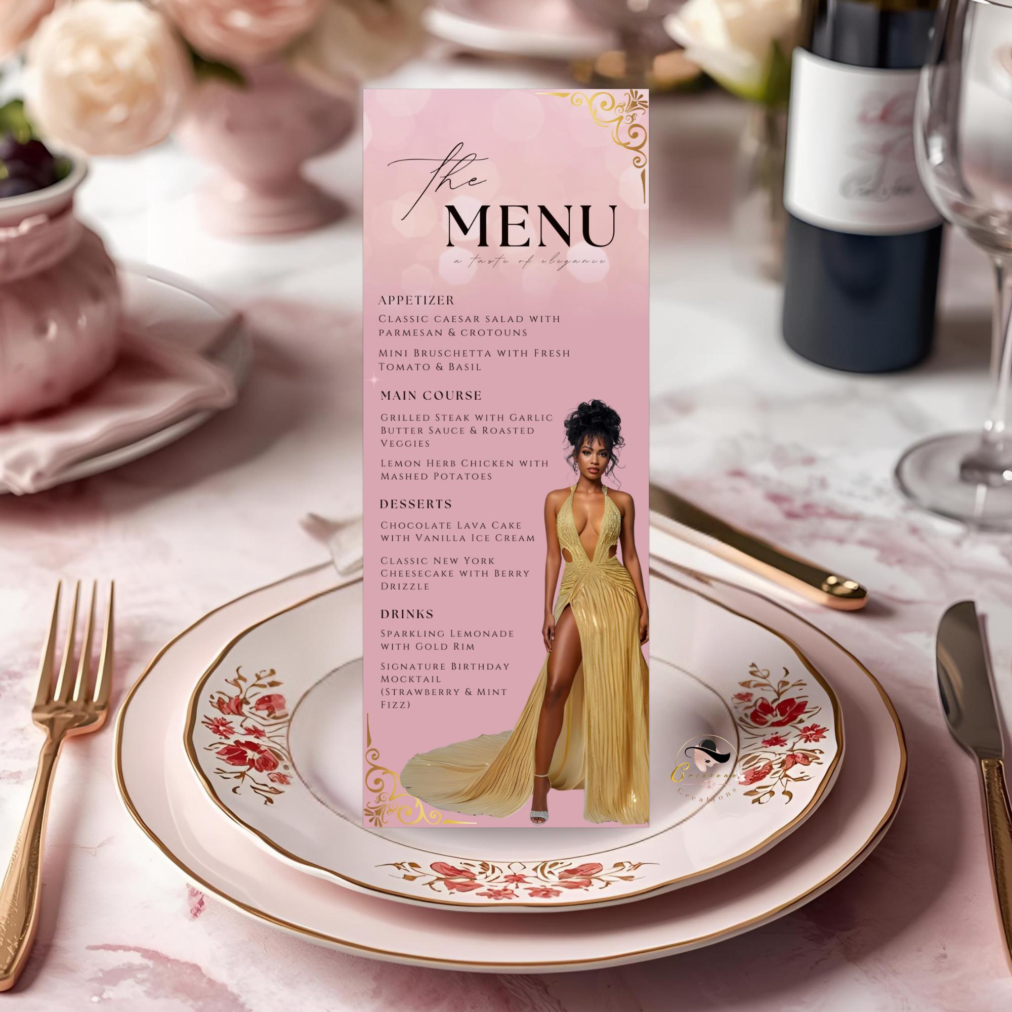Retirement Menu. Example Editable Birthday Party Menu Template Pink Gold Dinner Menu With Photo ...