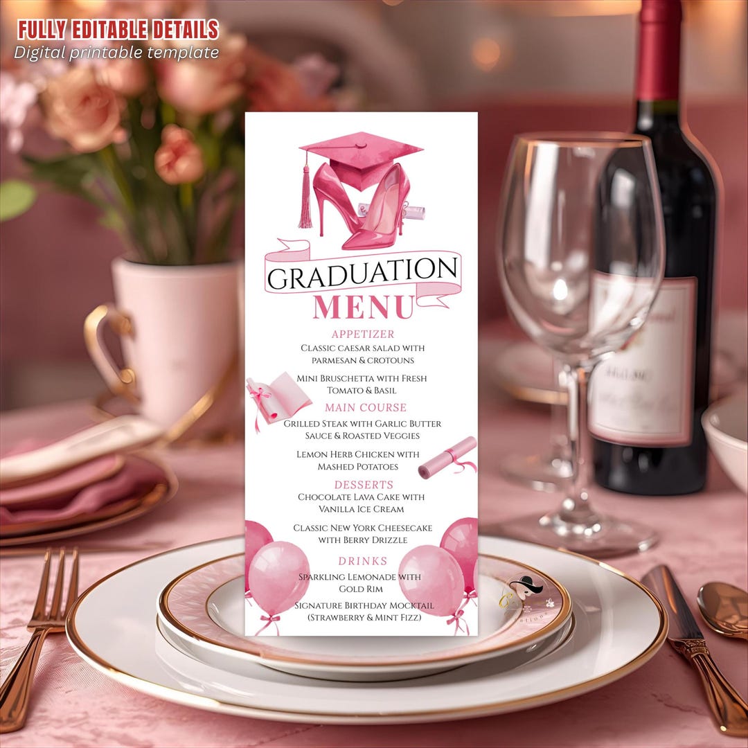 Graduation Puple Menu Card Pink Graduation Party Menu Card, Class of 2026 Dinner Menu, Senior Grad ...