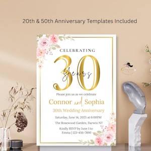 Invitación para fiesta de 30.º aniversario, tarjeta digital de aniversario de bodas, invitación a cena de 30.º aniversario, plantilla imprimible de 30 años de amor