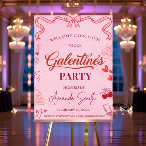 Elegant Valentines party welcome sign is perfect for celebrating your Galentines gathering, girls’ night, ladies’ brunch, or Valentine’s event. This editable design with elegant florals adds a warm, festive, and stylish touch to your celebration. This Galentines welcome sign is digital and printable, perfect for sharing on social media or printing at home to welcome your guests in style.