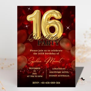 Sweet 16 Einladungen Geburtstagsfeierkarte, digital bearbeitbare sechzehn Einladungen, goldrot druckbare 16. Geburtstagseinladung für Teen Girl