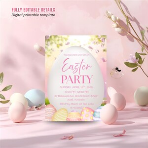 Puede incluir: Una invitación digital para una fiesta de Pascua con un diseño en forma de huevo. La invitación presenta el texto "Easter Party" en escritura rosa, junto con los detalles del evento. Huevos de Pascua decorativos y colores pastel completan el diseño.