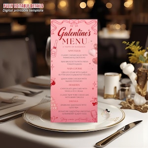May include: A pink Galentine's menu card with a bow at the top, featuring a list of appetizers, main courses, desserts, and drinks. The menu includes items like Caesar salad, steak, and chocolate lava cake. The words "Galentine's MENU" are in a decorative font.