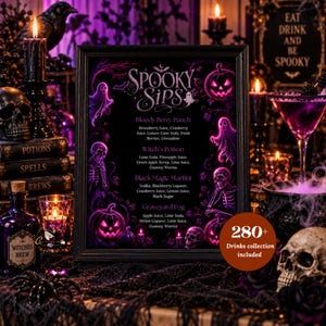 Halloween-Cocktailkarte, Gruselige Partygetränke-Barkarte, Neon-Geister-Skelett-Tischschild, Bearbeitbare Canva-Druckvorlage