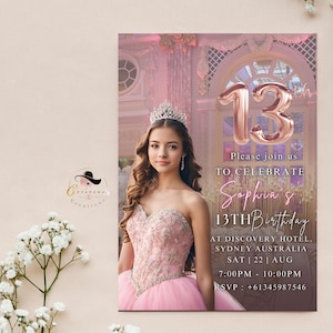 EDITIERBARE 13. GEBURTSTAG DIGITALE Einladung, elegante rosa druckbare dreizehn Geburtstagsfeierkarte für Teen girl Photo Invite, Instant Download