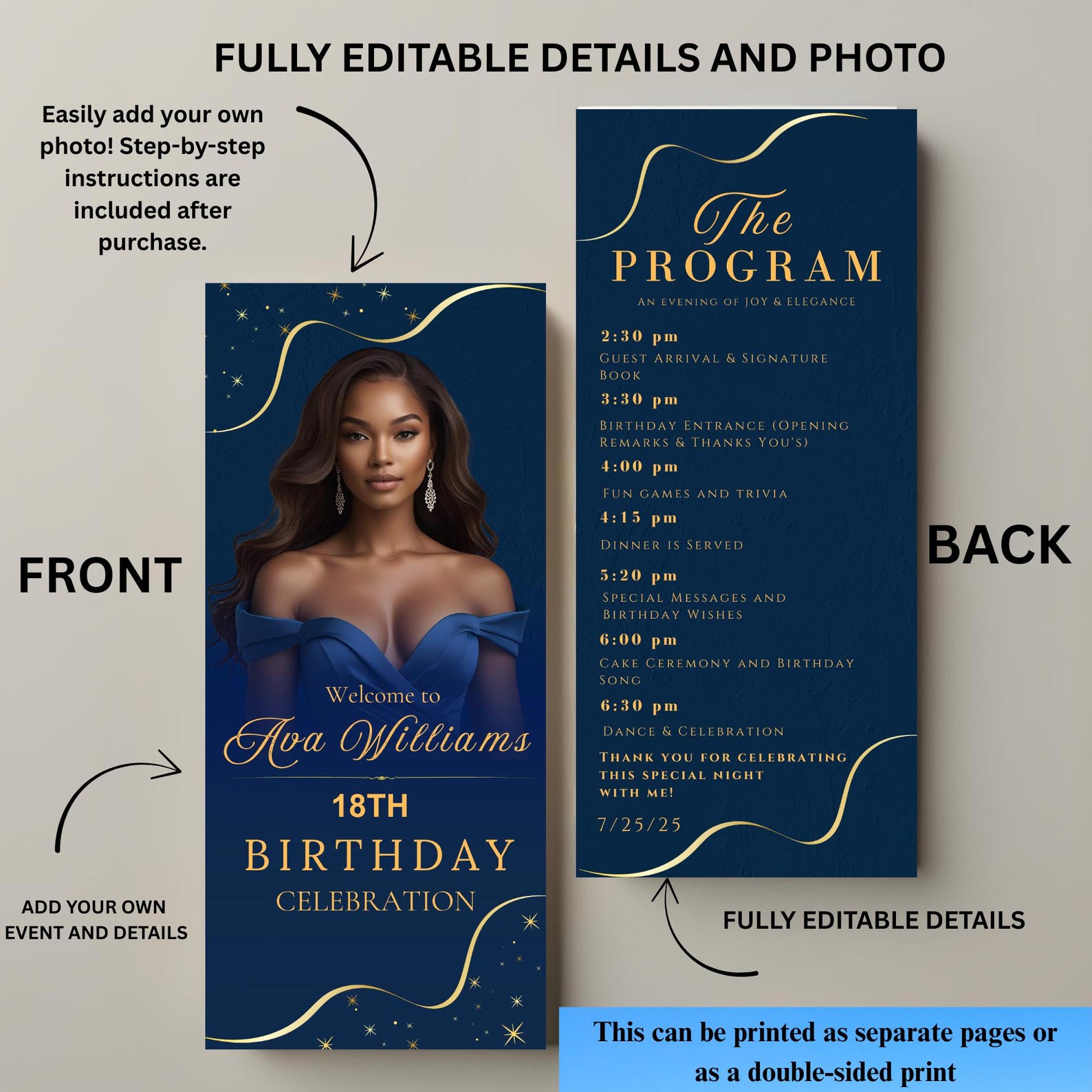 Birthday Program Template Navy Blue Program Card Wedding Event ...