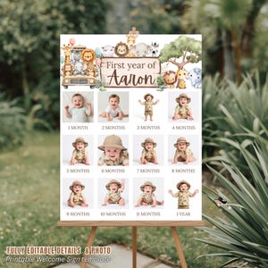 Può includere: Un cartello di benvenuto personalizzato per il primo anno di un bambino, con un tema safari. Il cartello include foto del bambino ogni mese, con la scritta "First year of Aaron". Il cartello è su un cavalletto.