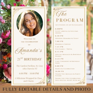 Modelo de cartão de programa de ouro branco, programa de jantar de aniversário, programa de aniversário elegante, programa de evento formal, cartão para impressão com foto