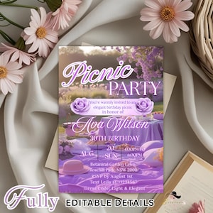 Convite digital para piquenique de aniversário, piquenique para brunch de reunião familiar, convite para piquenique boho no parque, cartão para festa no jardim para impressão, piquenique de verão