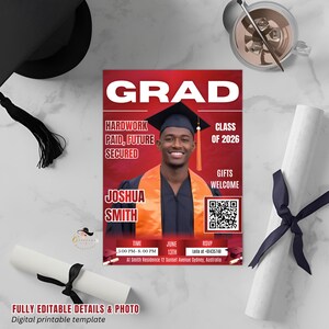 Puede incluir: Anuncio de graduación con fondo rojo y la palabra «GRAD». El anuncio presenta una foto de un graduado sonriente con birrete y toga. El texto incluye «HARDWORK PAID, FUTURE SECURED» y «CLASS OF 2026».
