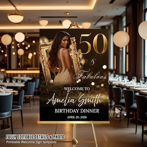 May include: A gold-toned welcome sign on a gold easel, featuring a woman in a gold dress inside a gold frame. The sign reads "50 & Fabulous" and welcomes Amelia Smith to her birthday dinner on April 20, 2026. The sign is a printable template.