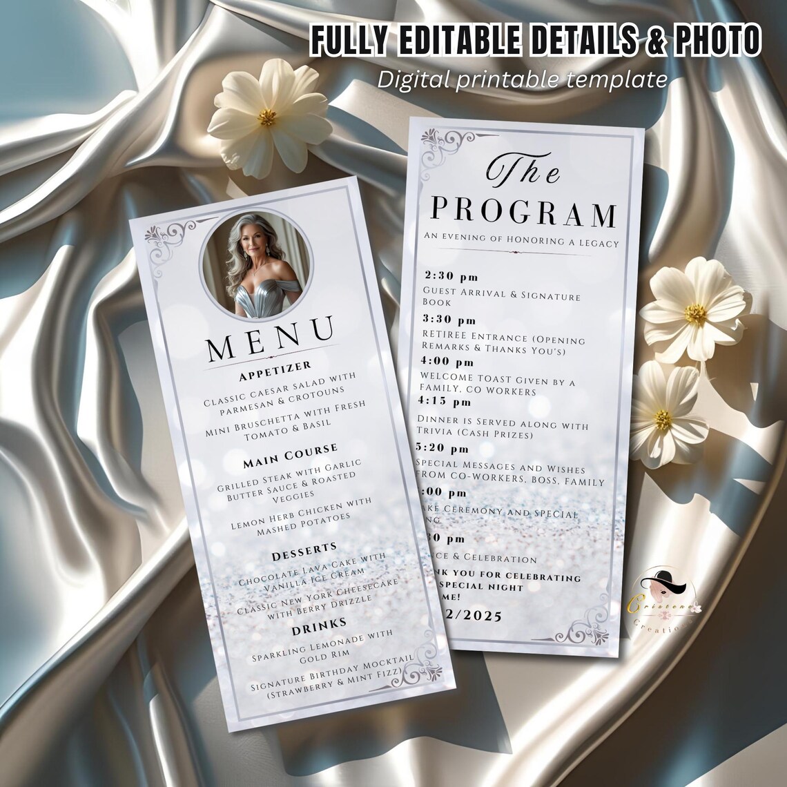 White Silver Menu and Program Template, Dinner Menu Card, Order of ...