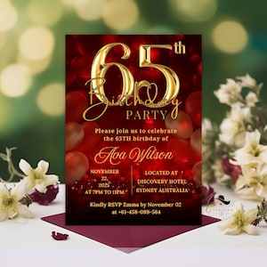 Convite de aniversário de 65 anos para mulheres, convite digital para festa de 65 anos, cartão de aniversário de 65 anos para impressão em ouro vermelho, jantar de aniversário para esposa, modelo editável