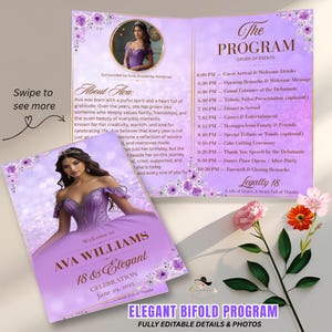May include: A bi-fold program for an "18 & Elegant" celebration, featuring a photo of a young woman in a purple gown. The program includes event details, the name "AVA WILLIAMS", and the date "June 29, 2025". The design is lavender with floral accents.