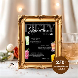May include: A gold framed sign with the text "HENRY MORGAN'S 50TH" and "FIFTY Signature DRINKS" on a black background. The sign features illustrations of cocktails and the text "272+ Drinks collection included".