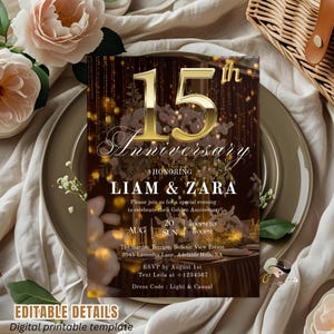 Digital 15th Anniversary Invitation Black gold 15th Wedding Anniversary party invite 15 Year Anniversary Template 15th Birthday invitation