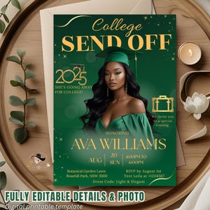 Send off College Invitation Green Digital Trunk party template with photo, Going away for college invite Graduation send off to college card