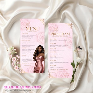 May include: A digital printable template with a menu and program for an event. The pink design includes floral accents, gold details, and a photo of a person in a pink dress. The menu lists appetizers, main courses, desserts, and drinks.