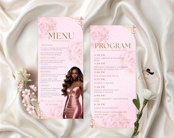 Modello di menu e programma modificabile per festa di compleanno rosa, programma stampabile, menu di lusso per festa da donna con foto, decorazione per il tavolo del menu del sedicesimo compleanno.