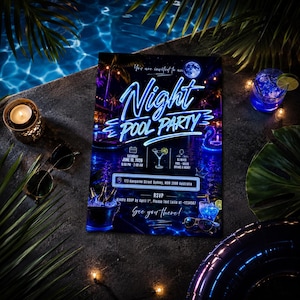 May include: A rectangular flyer for a Night Pool Party featuring neon blue text, a full moon, and tropical imagery. The flyer includes event details for June 10, 2026, at 123 Kangaroo Street Sydney, NSW 2000 Australia, with RSVP instructions.