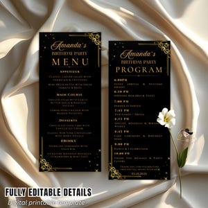 Black gold Menu and Program Template Birthday Party Menu cards Printable Rehearsal Dinner Menu Design Elegant Retirement Program Schedule