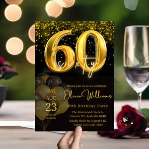 Editable 60th Birthday Party Invitations women, Black Gold 60th Birthday Invite for mum, Digital Printable card for Sixty Year old Grandma
