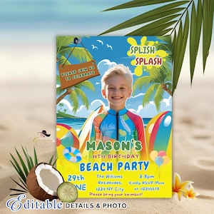 Invitation d'anniversaire à la plage pour garçons, 11e anniversaire, invitation numérique Luau avec photo, fête d'été pour enfants sur le thème des surfeurs, carte imprimable