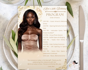 Birthday Party Program Template Bifold Event programme, Elegant Anniversary program card printable, White gold ceremony program with picture