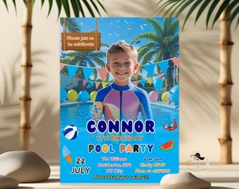 Boy Pool Party Birthday Invitation with Photo, Blue Splish Splash Party Invite, Kids Summer Swim Party Card, Editable Canva Template