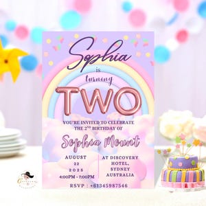 2.Geburtstags-Party Einladungen Mädchen, 2.Geburtstag lila digitale Einladung, Geburtstagskarte, bedruckbare Regenbogen-Einladung für 2 Jahre alte Kinder